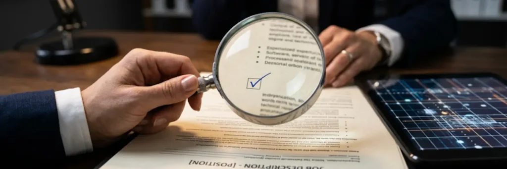 A person in a suit examines a job description document using a magnifying glass