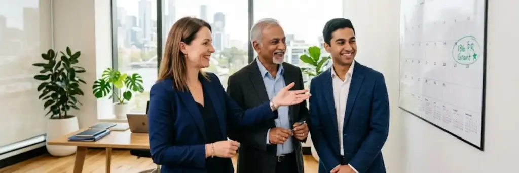 Three professionals in a modern office, smiling and gesturing at a wall calendar