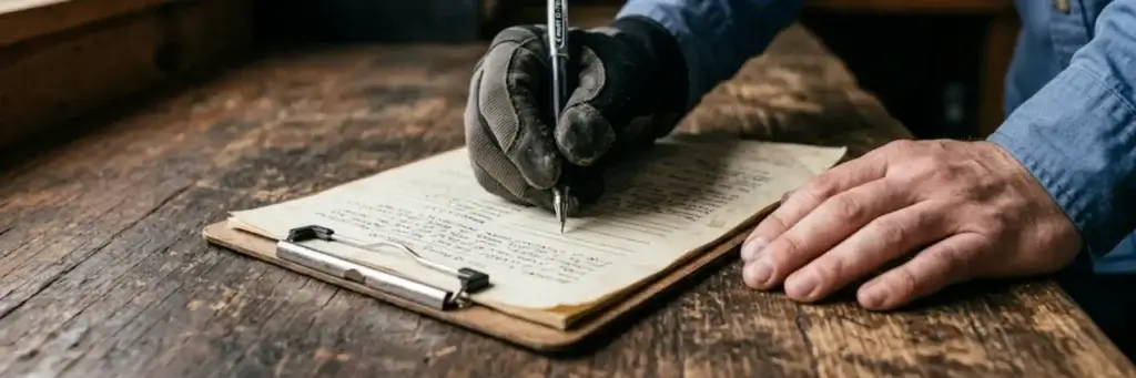 Person in work gloves writes on a clipboard with a pen