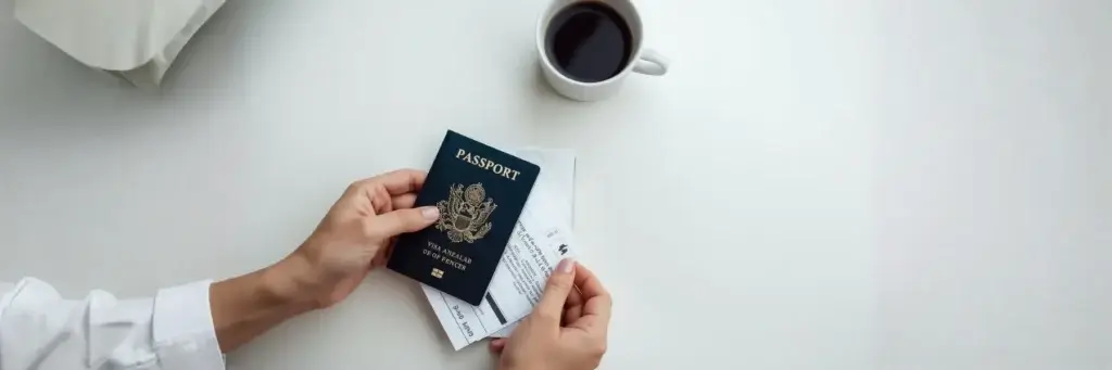 Person holding a passport and boarding pass on a white table next to a cup of black coffee