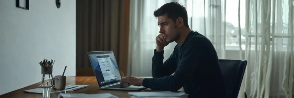 Person working on a laptop at a desk with papers, a cup, and pen holder in a softly lit room with sheer curtains