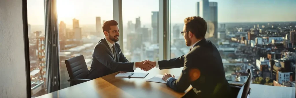 Two people shaking hands across a desk in a high-rise office with a cityscape view at sunset deal close with the Amity Lawyer