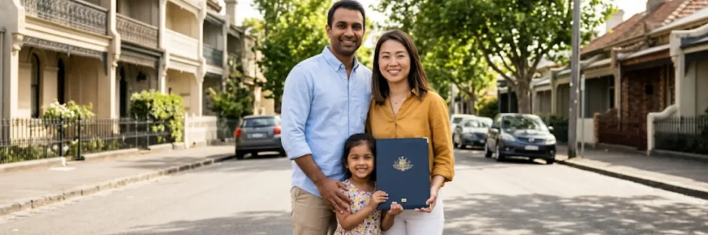 Happy family standing on a residential street holding a certificate folder, surrounded by parked cars and houses with greenery.