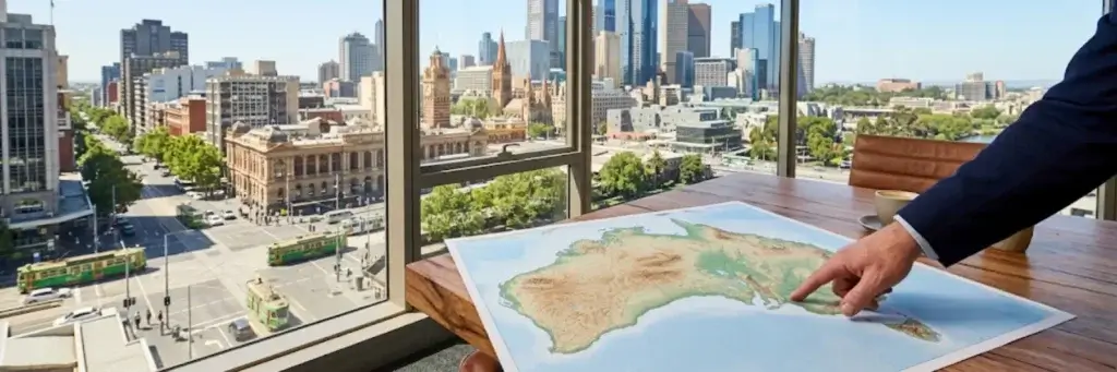 Person pointing at a map on a table in an office with large windows overlooking a cityscape with trams and tall buildings.
