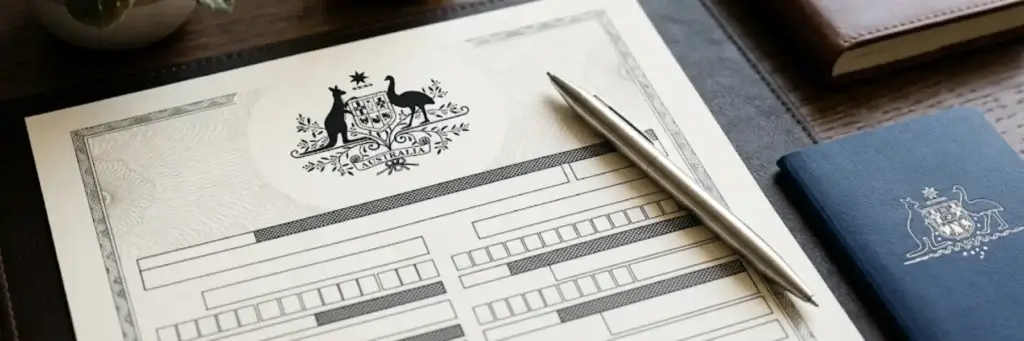 Document with the Australian coat of arms, a silver pen resting on it, and a blue booklet with the same emblem on a wooden desk.