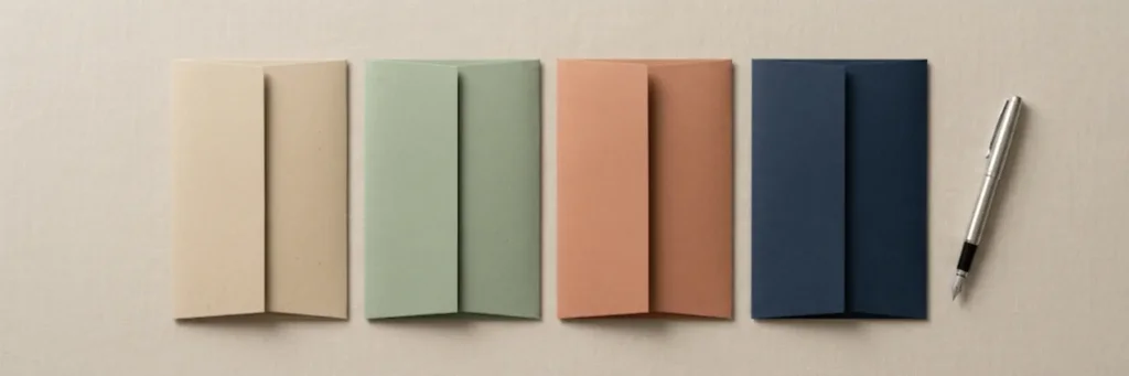 Four folded colored papers in beige, green, peach, and navy blue lined up next to a silver fountain pen on a beige textured surface.