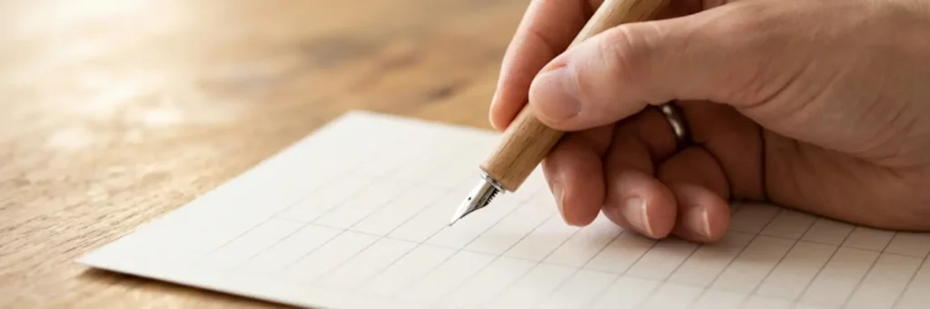 Hand holding a wooden fountain pen poised over a blank grid-lined sheet of paper on a wooden surface.