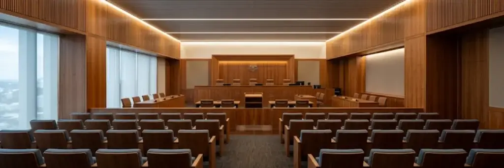 Modern courtroom interior with wooden paneling, judge's bench, seating, and large windows on one side.